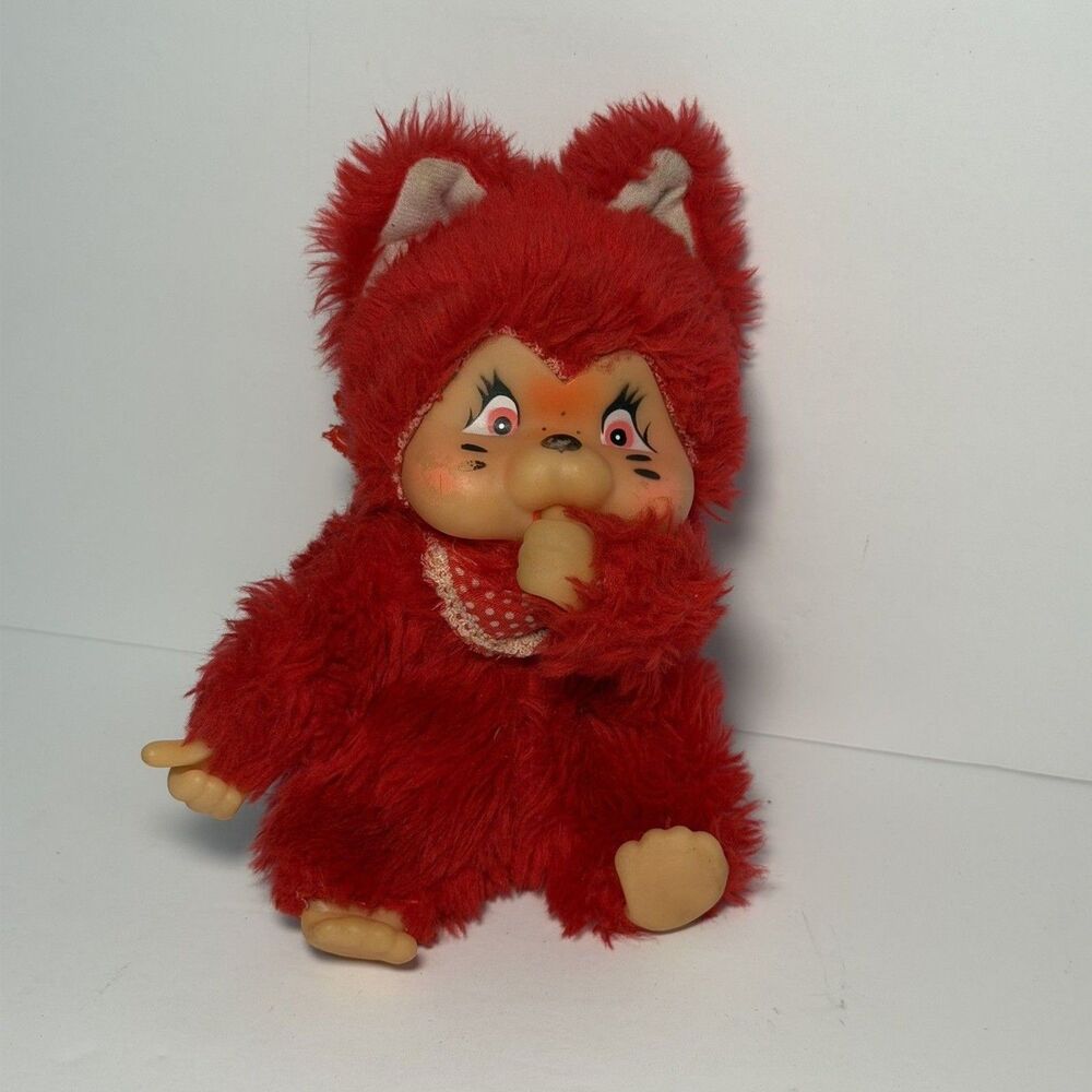 Vintage Sekiguchi Nyamy Red Cat Plush 7" Monchhichi Thumb Sucking Taiwan Rare